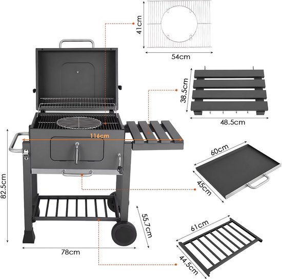Barbecuewagen Tavien - Houtskoolbarbecue - BBQ - Smoker XXL - Houtskoolgrill - Met Wielen, Roestvrijstalen Handgreep - Perfect voor Buitenterras, Tuin en Achtertuin van TecTake — afbeelding 5