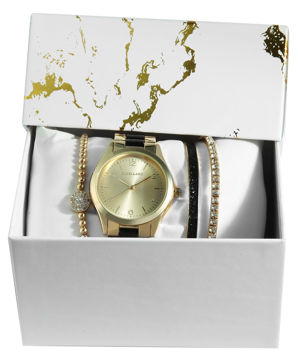 Excellanc dameshorloge geschenkset goud-zwart cadeauset horloge, drie armbanden