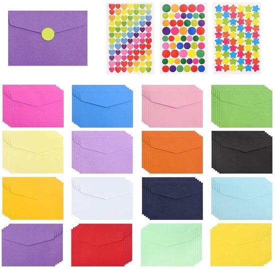 LCOUACEO Mini-enveloppen, 72 stuks meerkleurige schattige mooie mini-envelop met 100 stuks blanco envelopkaarten en 18 vellen stickers voor bruiloft, festival, verjaardagsfeestbenodigdheden