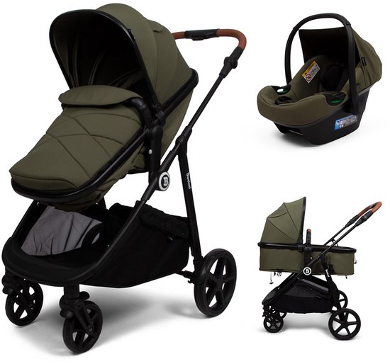 Groene kinderwagen met autostoel, reiswieg en voetenzak. Grote kap.
