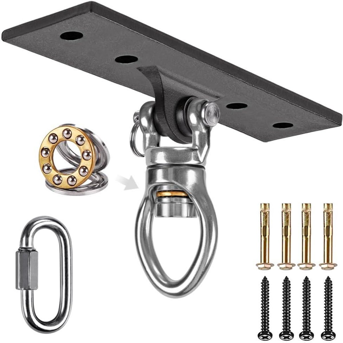 Allecto plus - Heavy Duty Swing Hanger voor Hangmat Stoel & Bokszak | Beugel voor Plafondmontage met Karabijnhaak | 360 Draaibare Kit voor Zware Tas | Maximale Belasting tot 400 kg | Geschikt voor Hout/Beton Wandmontage