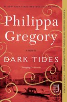 Boek "Dark Tides" van Philippa Gregory, #1 New York Times bestseller. Achtergrond met Venetië en een gondel. Gouden ornamenten op rode achtergrond.