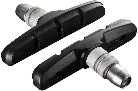 Twee zwarte V-brake remblokken met metalen stalen bouten.