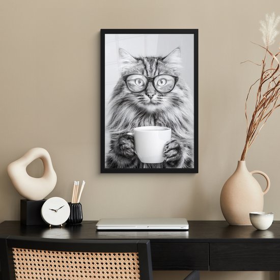 Affiche encadrée - Cadre photo 40x60 cm - Posters - Chat - Verres - Mug - Duveteux - Cadre poster noir - Décoration - Décoration murale salon - Décoration murale chambre