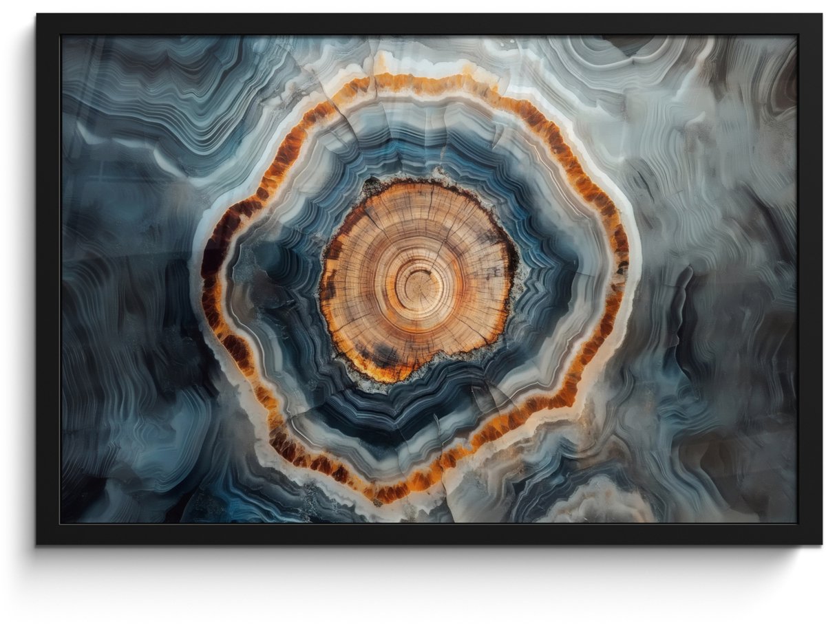 FrameYourWall Poster in lijst - Fotolijst 60x40 cm - Posters - Cirkel - Ringen - Steen - Tinten - Posterlijst zwart - Decoratie - Wanddecoratie woonkamer - Muurdecoratie slaapkamer