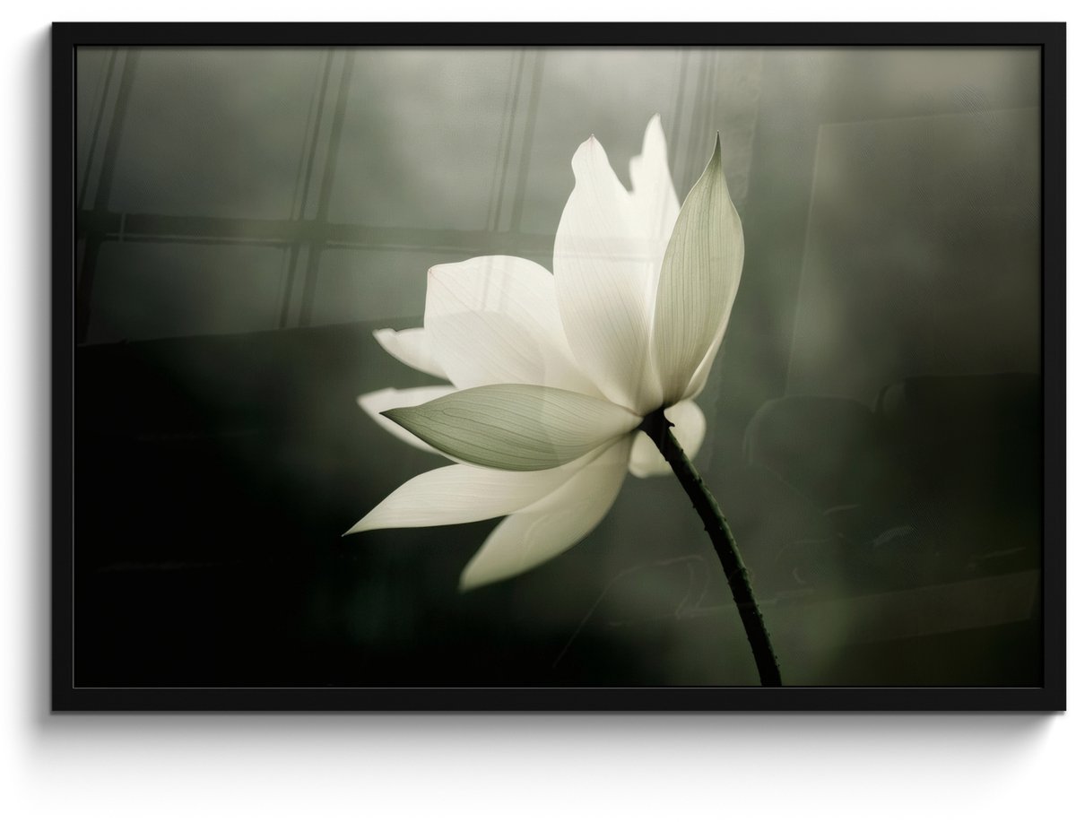 FrameYourWall Poster in lijst - Fotolijst 90x60 cm - Posters - Wit - Lotus - Donker - Bloem - Posterlijst zwart - Decoratie - Wanddecoratie woonkamer - Muurdecoratie slaapkamer Lotus - Bloem