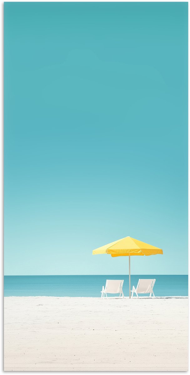 Poster 60x120 cm - Strand - Blauwe lucht - Geel - Parasol - Posters - Kamer decoratie - Wa