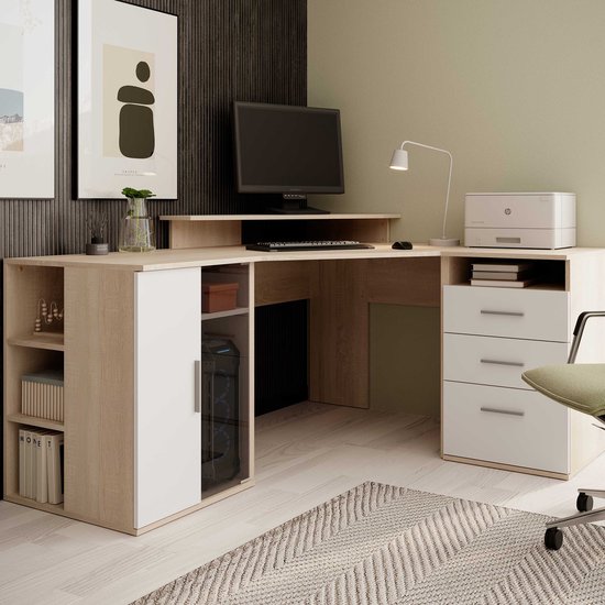 Bureau d'angle Efford avec espace de rangement - chêne/blanc - Bega Consult - Bureaux informatiques - Blanc|Brun - Panneaux de particules - Bureaux informatiques