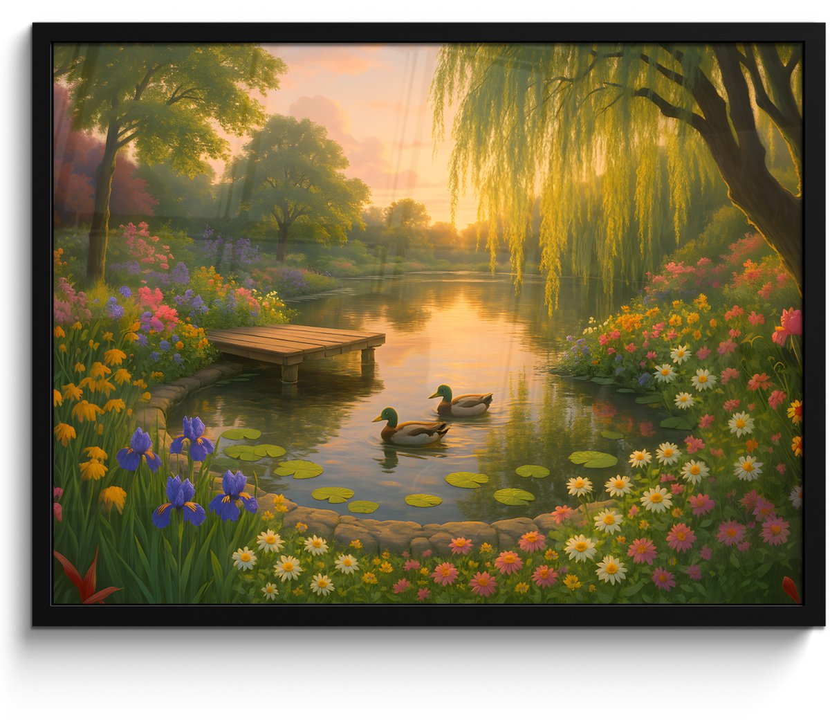 FrameYourWall Poster in lijst - Fotolijst 80x60 cm - Posters - Eenden - Vijver - Bloemen - Posterlijst zwart - Decoratie - Wanddecoratie woonkamer - Muurdecoratie slaapkamer