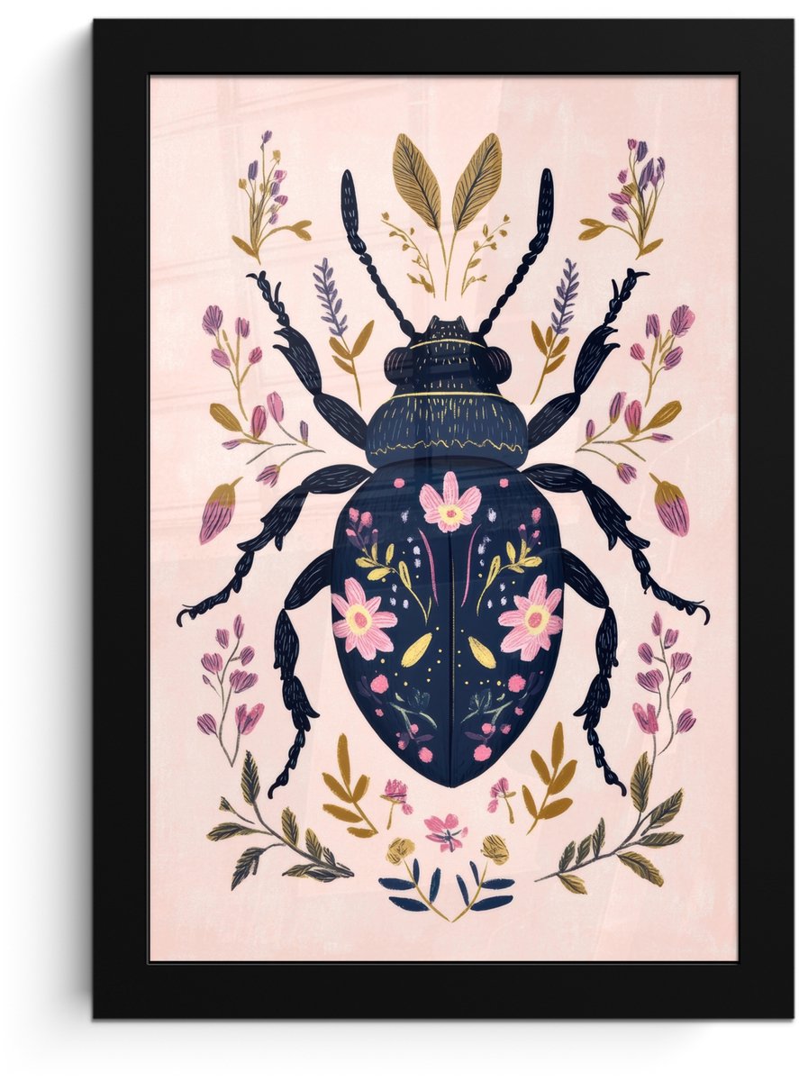 FrameYourWall Poster in lijst - Fotolijst 20x30 cm - Posters - Donkerblauw - Kever - Bloemtakken - Sierlijk - Posterlijst zwart - Decoratie - Wanddecoratie woonkamer - Muurdecoratie slaapkamer Kever - Bloemen