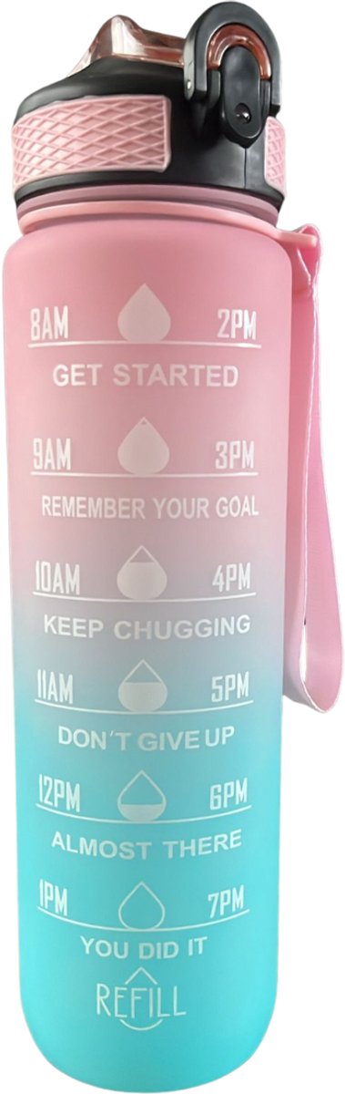 Velours Max® - Drinkfles - Motivatie Waterfles - Roze/Blauw - Drinkflessen - Drinkfles 1 Liter - Drinkfles met Rietje - BPA Vrij - Volwassenen - Drinkfles Kinderen - 1 Liter Drinkfles - Kinderen - Sport - Water - Waterfles