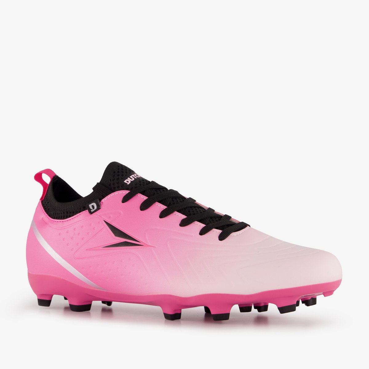 Roze-zwarte Dutchy FG voetbalschoenen voor heren, maat 41, met imitatieleer en rubberen Firm Ground zool.
