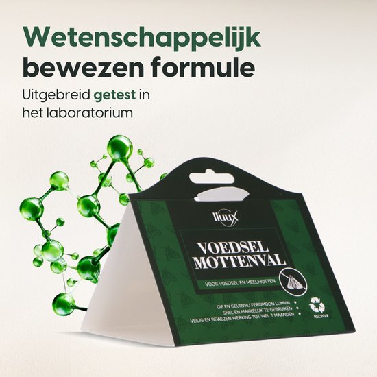 Voedselmottenval met moleculaire structuur. Tekst: "Wetenschappelijk bewezen formule".