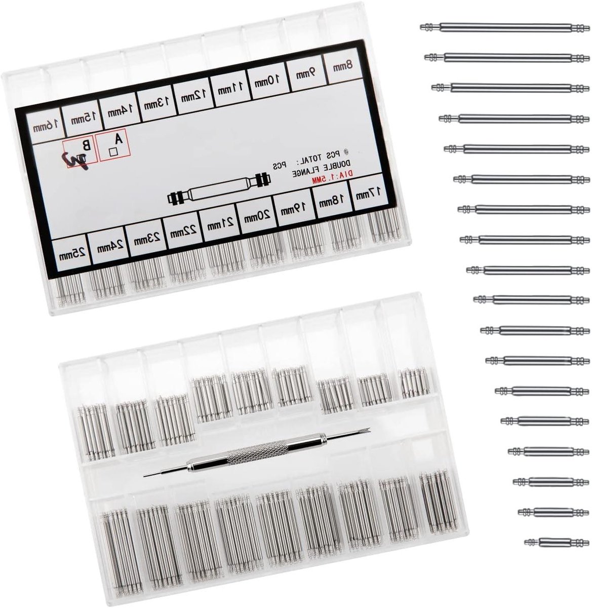 Allecto plus - Horlogeveerstangen Set voor Horlogebanden - Roestvrijstaal - 360 Stuks - Inclusief Remover Tool - Zilver - Diverse Maten - Voor Horlogemakers.