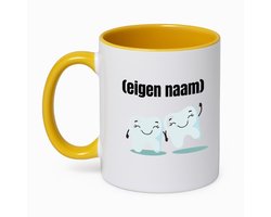 Hacebo® - 2 tanden koffiebeker goudgeel - Tandarts - mondhygienist - thee mok - koffie beker - met eigen naam - leuk cadeau voor iemand die tandarts is - cadeau - kado - koffiemok - 350 ML inhoud