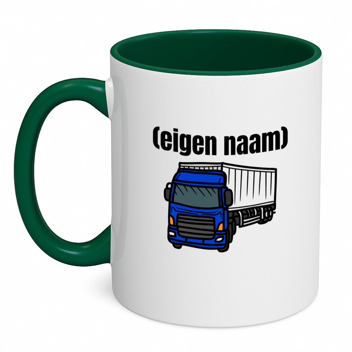 Hacebo® - blauwe vrachtwagen met eigen naam koffiebeker donker groen - vrachtauto chauffeurs - thee mok - koffie beker - iemand die houdt van vrachtwagens - verjaardag - cadeau - kado - geschenk - koffiemok - 350 ML inhoud