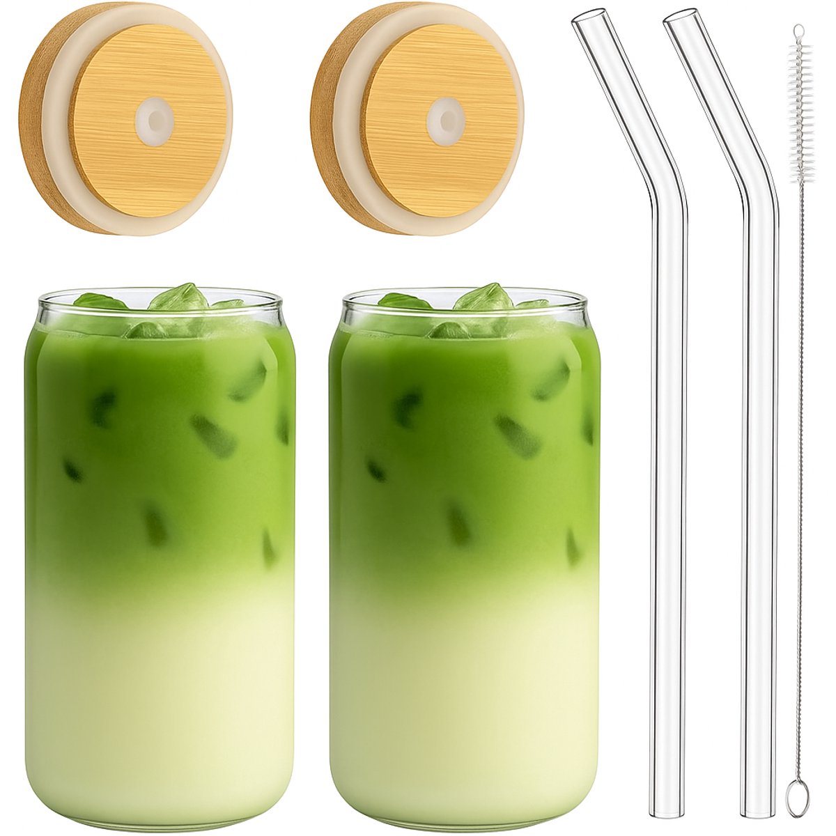 Matcha drinkglazen – Set van 2 (450 ml) – Met rietje & bamboe deksel