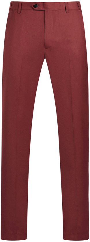 Donkerrode pantalon met één knoop en sluiting.