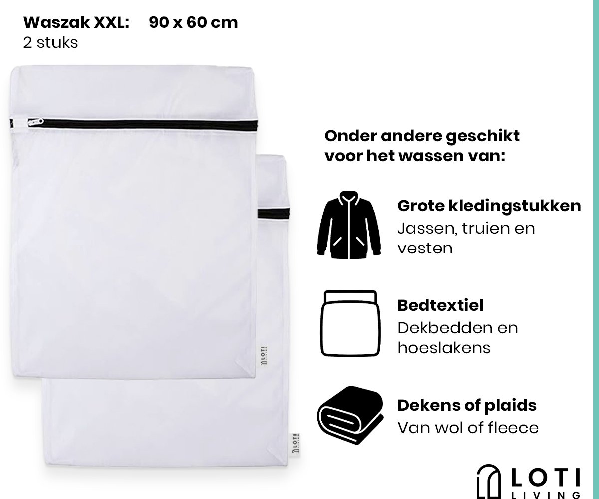 Loti Living Grote Waszakken Set 2 stuks – 60x90 cm – Waszak voor Beddengoed, Handdoeken & Kleding – Wasnet voor Wasmachine – Wit — afbeelding 3
