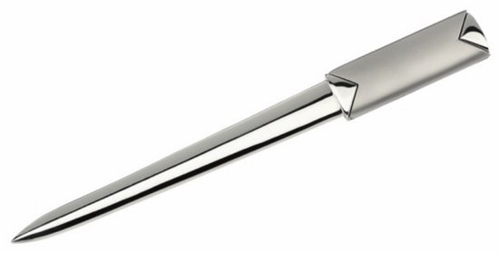 Glinsterende, zilverkleurige briefopener met geometrisch handvat, 180mm lang.