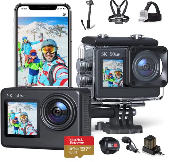 JC's - Action Camera 5K - Touchscreen - Inclusief 64GB SD kaart - Borstband - Selfie stick - Hoofdband - Dual lader - Afstandbediening - Externe microfoon - EIS Stabilisatie - Action Camera's - Vlog camera - Actie Camera