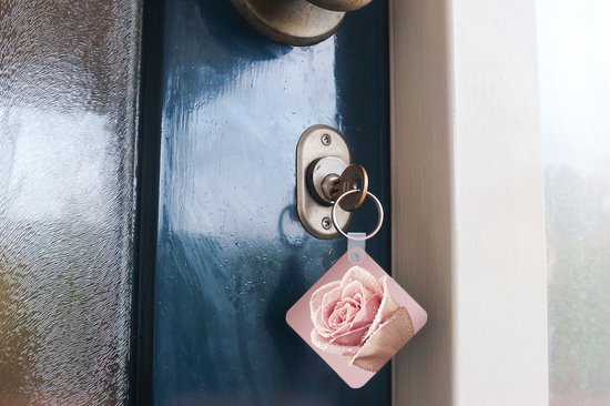 Porte-clés - Distribuer des cadeaux - Gouttes de rosée sur une seule rose rose - Plastique