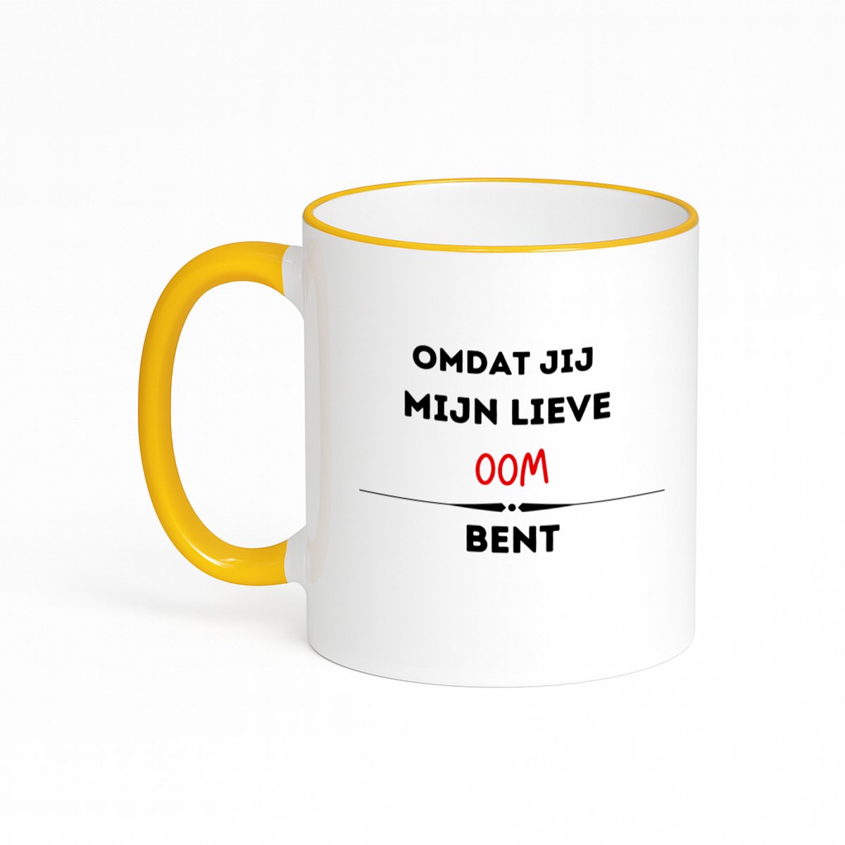 Hacebo® - omdat jij mijn lieve oom bent koffiebeker met gekleurde rand goudgeel - Oom - de liefste oom - thee mok - koffie beker - verjaardag - cadeautje voor oom - kado - geschenk - koffiemok - 330 ML