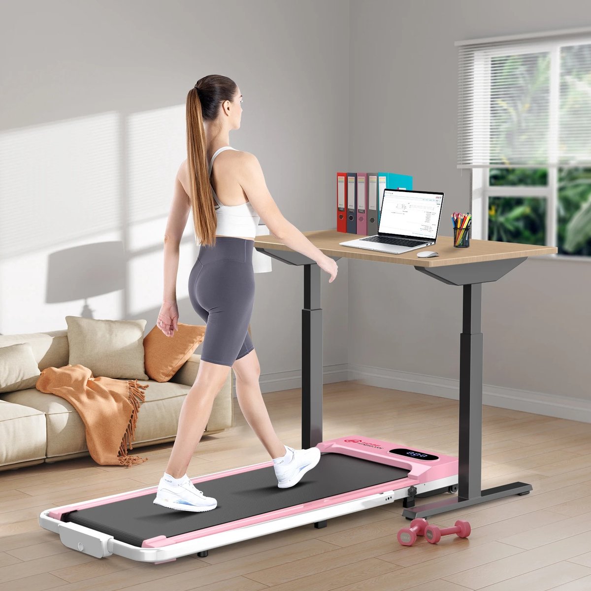 Afbeelding 2 van Maison Nordique - Loopband inklapbaar - Loopbanden - Loopbanden voor thuis - Loopband met hellingfunctie - 1 tot 6 km - Roze