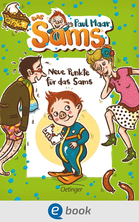 Het omslag van het boek 'Das Sams'. Een jongen met een varkensneus in een duikpak staat centraal, omringd door een vrouw met een bloem in haar haar en een man met een sjaal. Er is een afbeelding van een taart en worstjes.