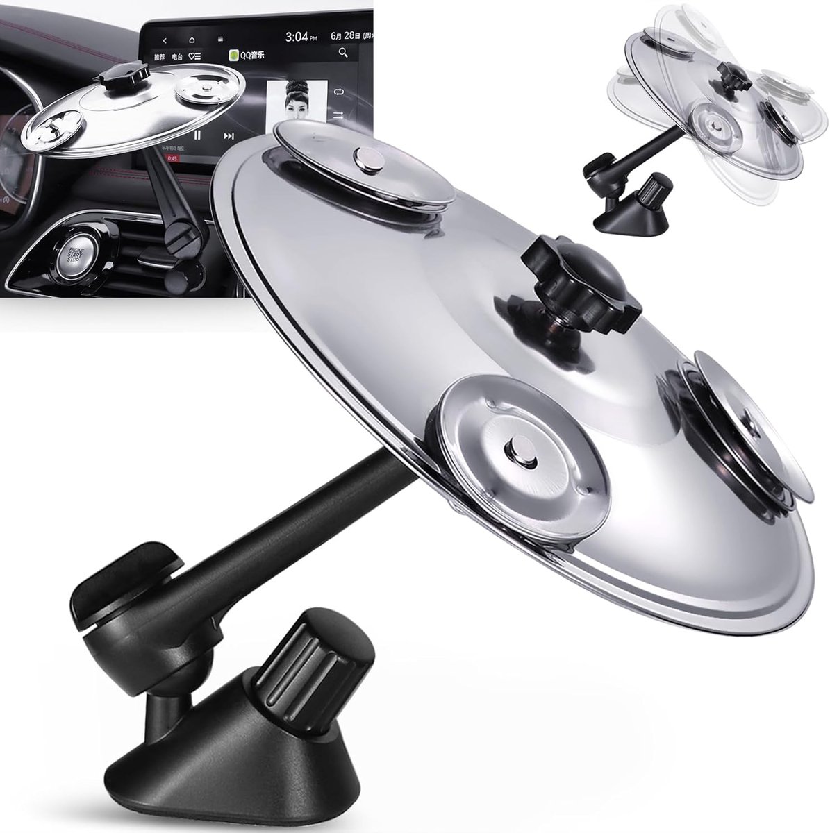 Autocrashbekken met 3 paar kleine bellen - Autocrashbekken - Handgeklapte percussiebekken - Mini Drumcrashbekken - Luchtrooster Leuke muziekgadget - Perfect voor bestuurders en drummers - Kraakhelder metaalgeluid - Zilver