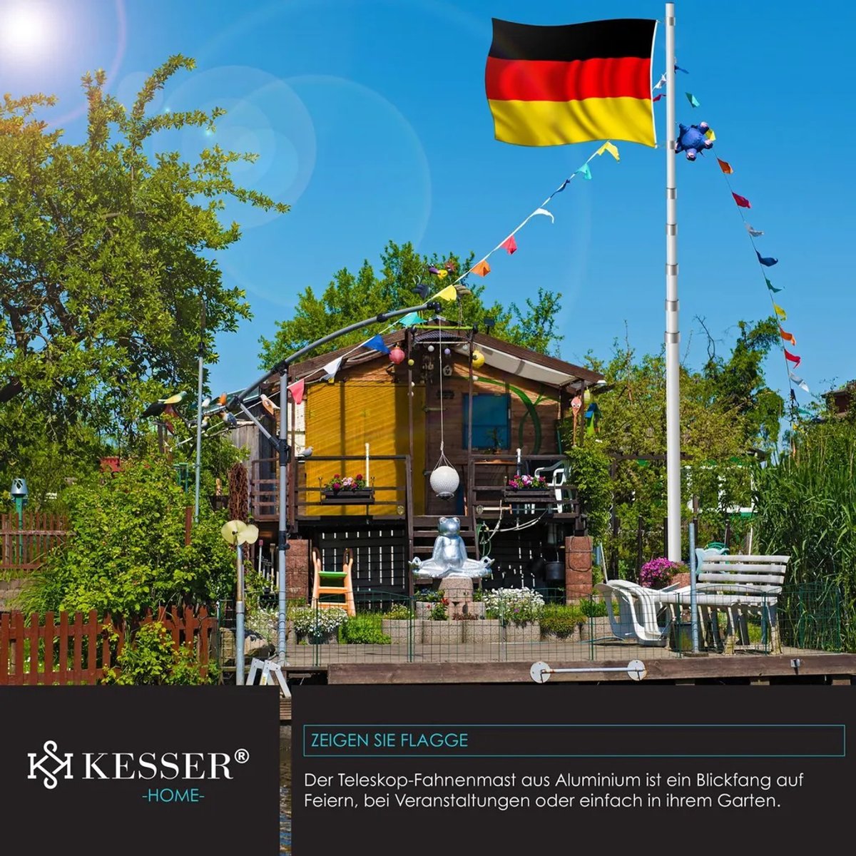 KESSER® Telescopische vlaggenmast aluminium 6,30 m grondhuls 60 cm inclusief Duitse vlag in hoogte verstelbare vlaggenmast Duitse vlag aluminium (zilver)