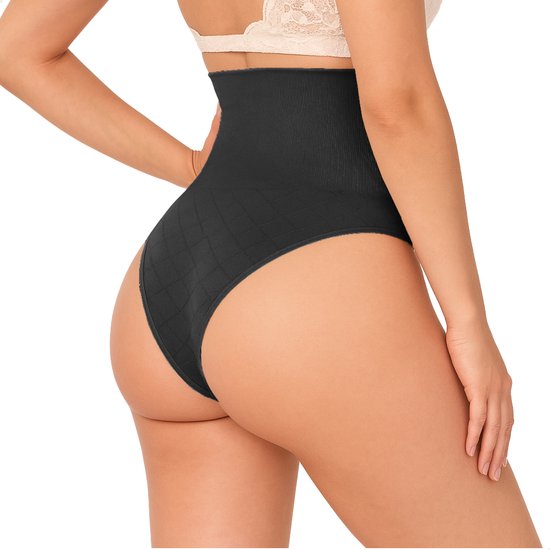 Zwarte corrigerende string met hoge taille, van achteren gezien op een model.