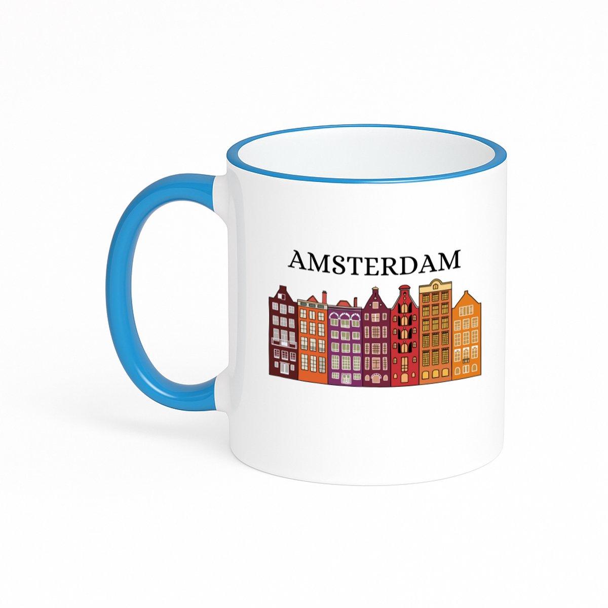 Hacebo® - Amsterdam koffiebeker met gekleurde rand blauw - Amsterdam - Amsterdammers - thee mok - koffie beker - de echte Amsterdam liefhebbers - Rijtjeshuizen - koffiemok - 330 ML