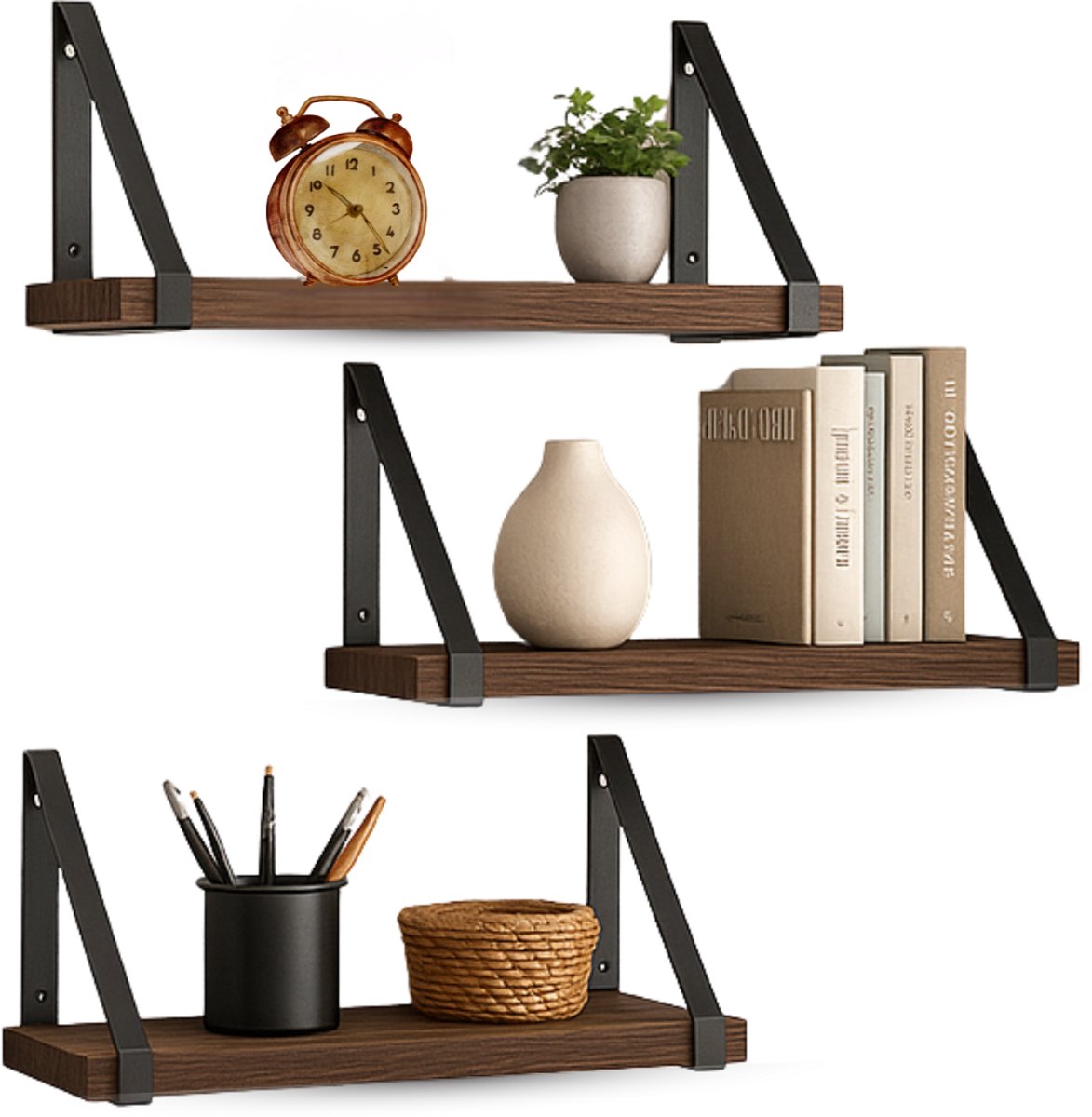 Lomera Zwevende Wandplank - Set van 3 - Vintage Design - Metalen Beugels - Houten Planken - Muurplank - Industrieel Ontwerp - Boekenplank - Montagetijd 5 Minuten - Incl. Bevestigingsmateriaal - Fortune Paulownia Hout - 40/35/30 cm nvt