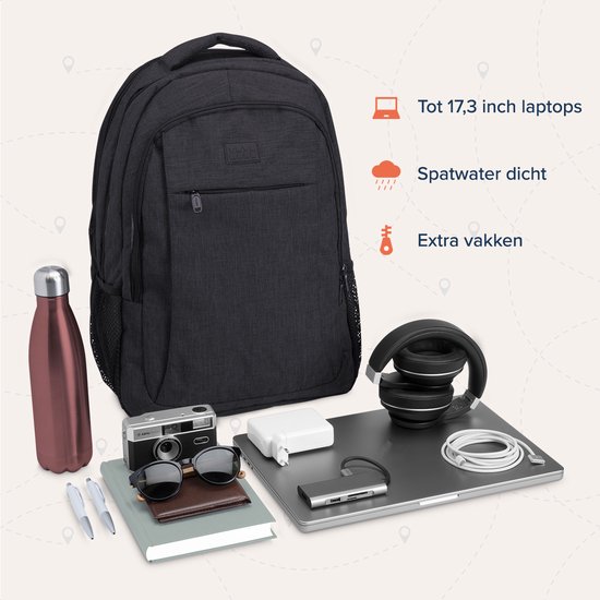 TravelMore Daily Carry XL Backpack - Sac à dos pour ordinateur portable 17,3 pouces - Femme / Homme - 36L - Hydrofuge - Zwart