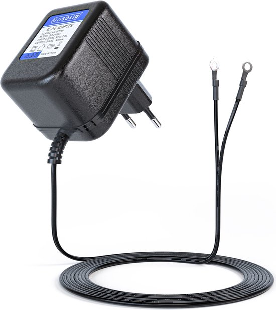 Zwarte GOSOLID AC-AC adapter met label: CLASS2 ADAPTER, INPUT 230VAC 50Hz 0.2A, OUTPUT 24VAC 500mA. Gemonteerd op een stekker en twee ringconnectoren.