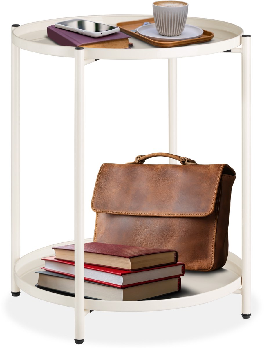 tectake® Ronde bijzettafel van metaal - Kleine salontafel met twee niveaus - 2 afneembare dienbladen - Rustiek - Delicaat design - Draagkracht 60 kg - Afmeting (ØxH) Ø 45,5 x H 53 cm - Beige