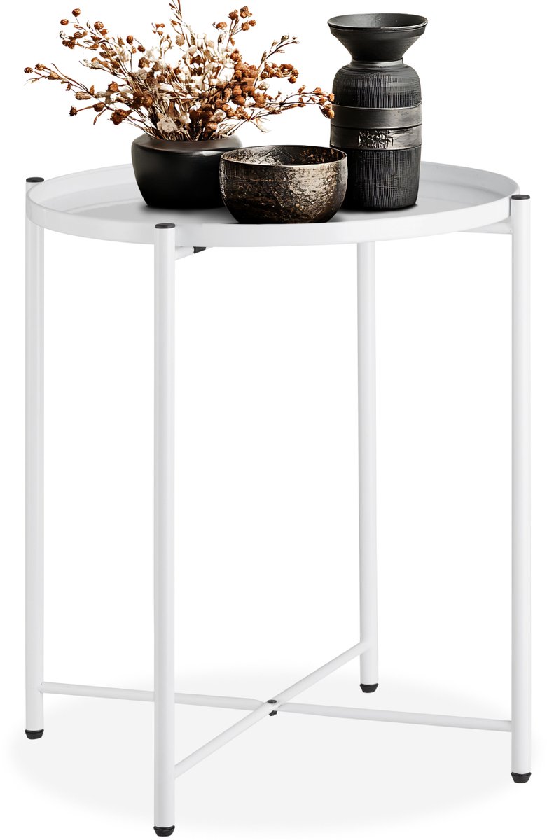tectake® Ronde Bijzettafel van Metaal - Rustieke Flair, Afneembare Plank - Stabiele Salontafel voor Woonkamer, Slaapkamer, Balkon - Ø 45,5 x H 53 cm - (Wit | Nr. 404188)