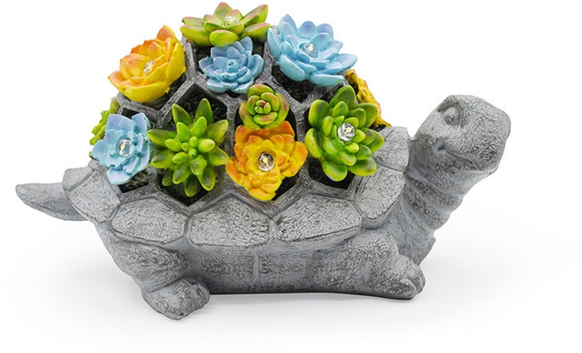 TOVBMUP Zonne-tuinbeeld - Schildpad - Geschikt voor buitendecoratie - Gecombineerd met vetplanten en 7 LED-lampjes - Een geweldig cadeau voor vrouwen/moeders - Kan ook gebruikt worden als decoratie voor een kamer of terras