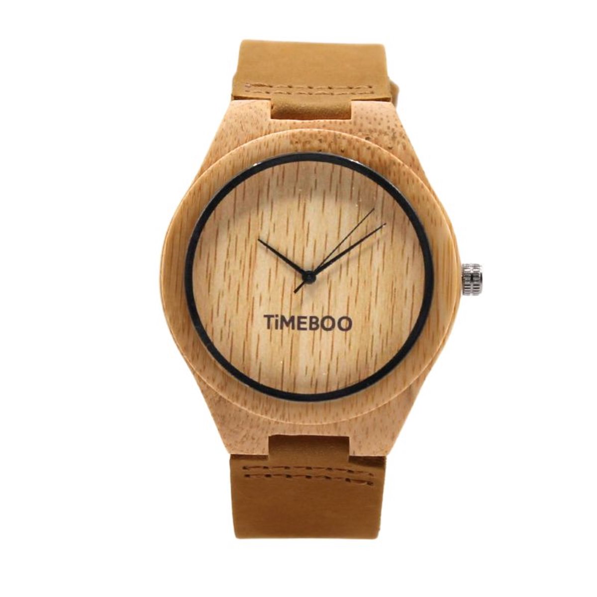 Timeboo horloge Big | Bamboe houten horloge | Heren - leer - Cognac - zonder cijfers