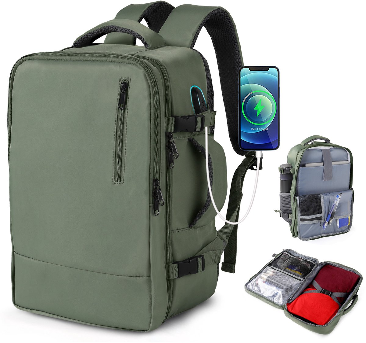 TAN.TOMI Reistas / Rugzak– Backpack - Handbagage 25L – Rugzak – Schooltas – Laptoptas – Lichtgewicht Waterafstotend – 29,5×16×41cm – Groente