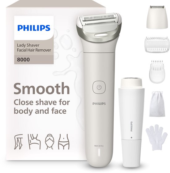 Philips Series 8000 Ladyshave | Een gladde scheerbeurt, zelfs op moeilijk bereikbare plekken | Met gezichtshaartrimmer, ingebouwd LED-lampje, 2 snelheidsstanden en 5 accessoires | Wit| BRL159/00