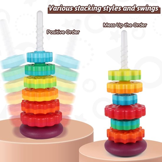 Rainbow Spin Tower – Educatief stapel- en draaibaar speelgoed voor peuters – 6 kleurrijke schijven – Montessori sensorisch speelgoed voor baby’s en kinderen 1-3 jaar — afbeelding 5