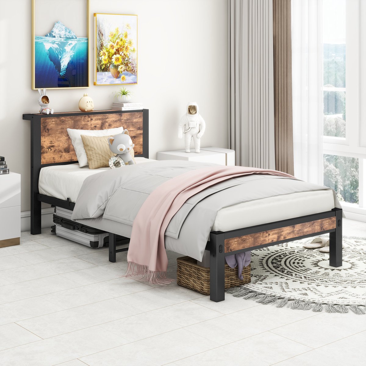 SINGULARITY Eenpersoonsbed - 90 x 200 cm - metalen bedframe - Vintage Bruin - Zonder matras