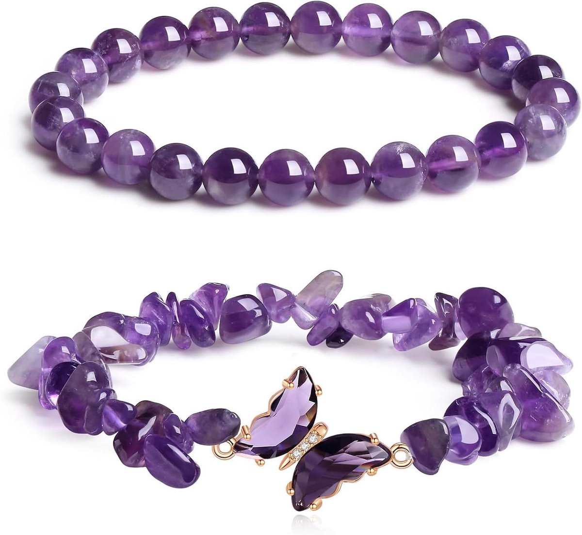Image of 2-delige set amethist kristal chip armbanden met vlinderpatroon - Helende energie kralen voor vrouwen
