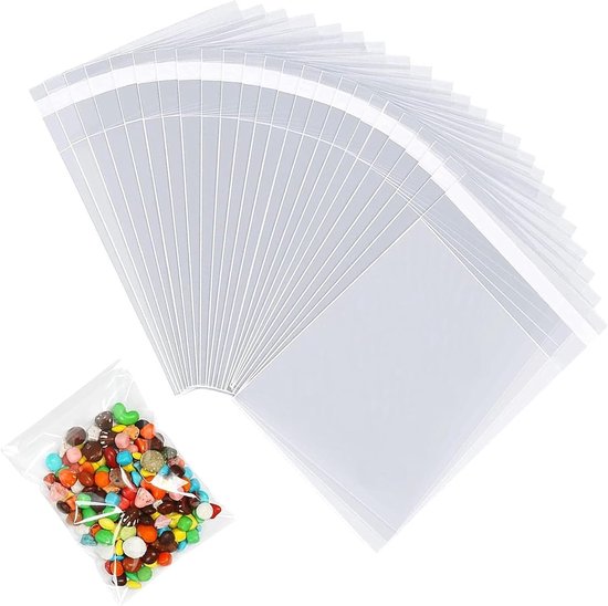 100x Cellofaan Zakjes 8x12cm - Met Plakstrip - Zelfklevend - Uitdeelzakjes - Transparant - Traktatie Zakjes Kinderfeestje - Cellofaanzakjes - Snoepzakjes - Cadeauzakjes - Geschikt voor Snacks, Gebakken Snoepjes, Koekjes, Desserts en Feestgunsten