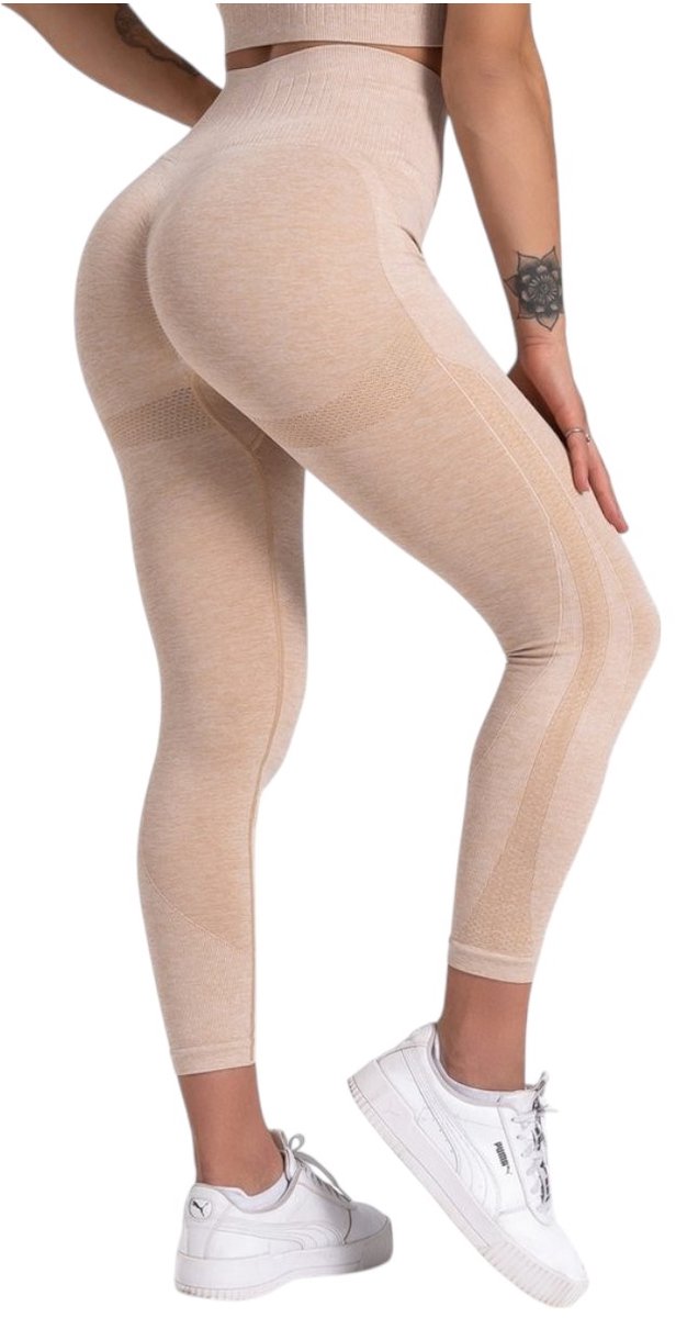 Mives® Sportlegging dames - Sportkleding dames - Sportbroek dames - Shape legging - Sportlegging dames high waist - Hardloopbroek dames - yoga legging dames - BEIGE - Maat L