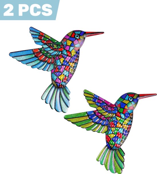 2 pièces - Décoration murale colibri en fer - Tentures murales en métal en forme d'oiseau pour l'intérieur et le jardin - Décoration murale gracieuse de 12 x 13,5 cm - Convient pour la décoration du salon, du hall, du balcon ou du jardin