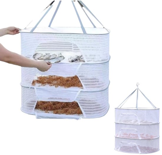 1stuks - Kruiden Droogrek - 3-laags hangend gaasnet voor planten Opvouwbaar hangend wasdroger - Kruiden Droogrek- droognet - kledingrek - kledingmand-Droognet-kleding droogrek-netzak kleding droogmand - wit - Droognet