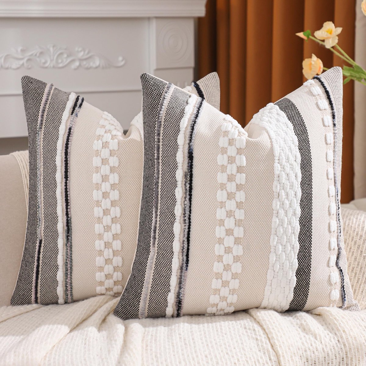 Ibenzoa Set van 2 Luxe Chenille Kussenslopen met Onzichtbare Ritssluiting voor Binnen en Buiten grijs wit